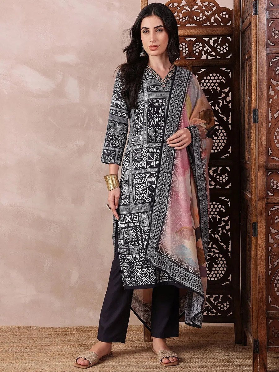 Black Silk Blend Geometric Printed Straight Kurta with Trouser and Dupatta Set
