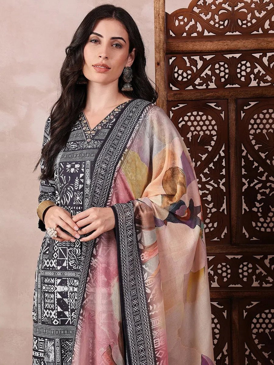 Black Silk Blend Geometric Printed Straight Kurta with Trouser and Dupatta Set
