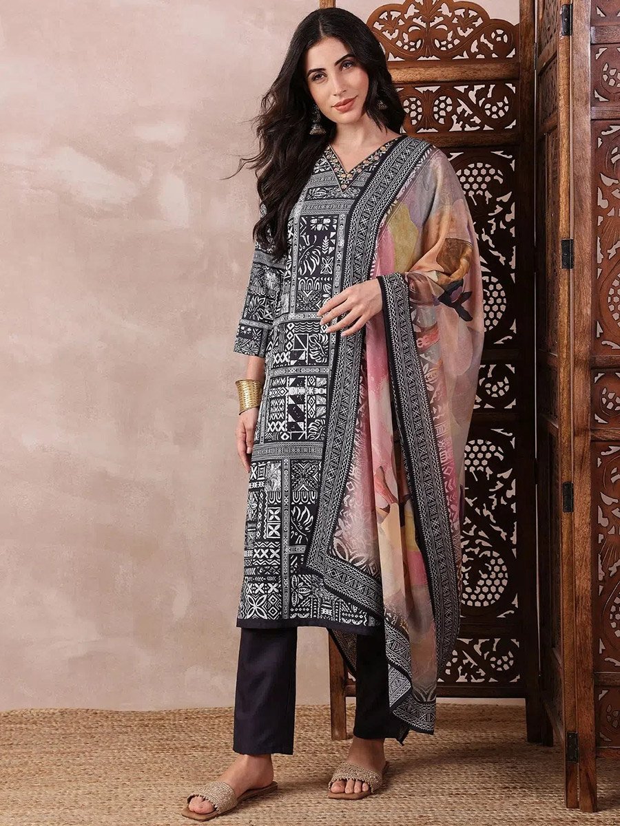 Black Silk Blend Geometric Printed Straight Kurta with Trouser and Dupatta Set