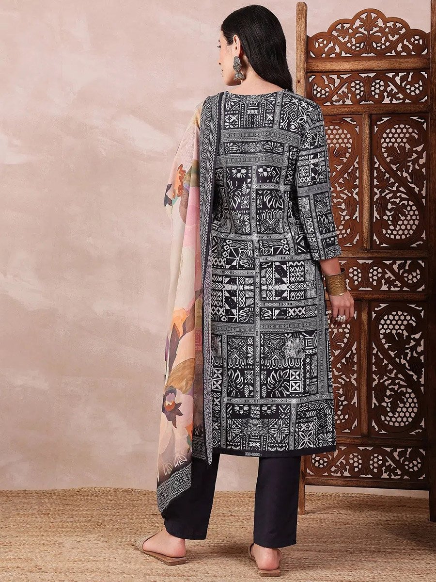 Black Silk Blend Geometric Printed Straight Kurta with Trouser and Dupatta Set