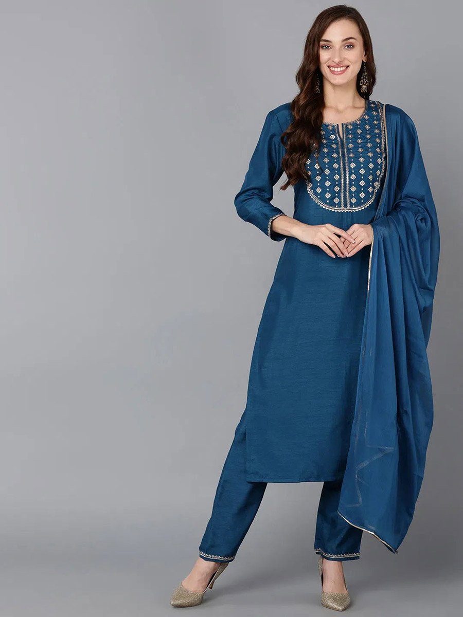 Blue Silk Blend Embroidered Kurta with Trouser and Dupatta Set