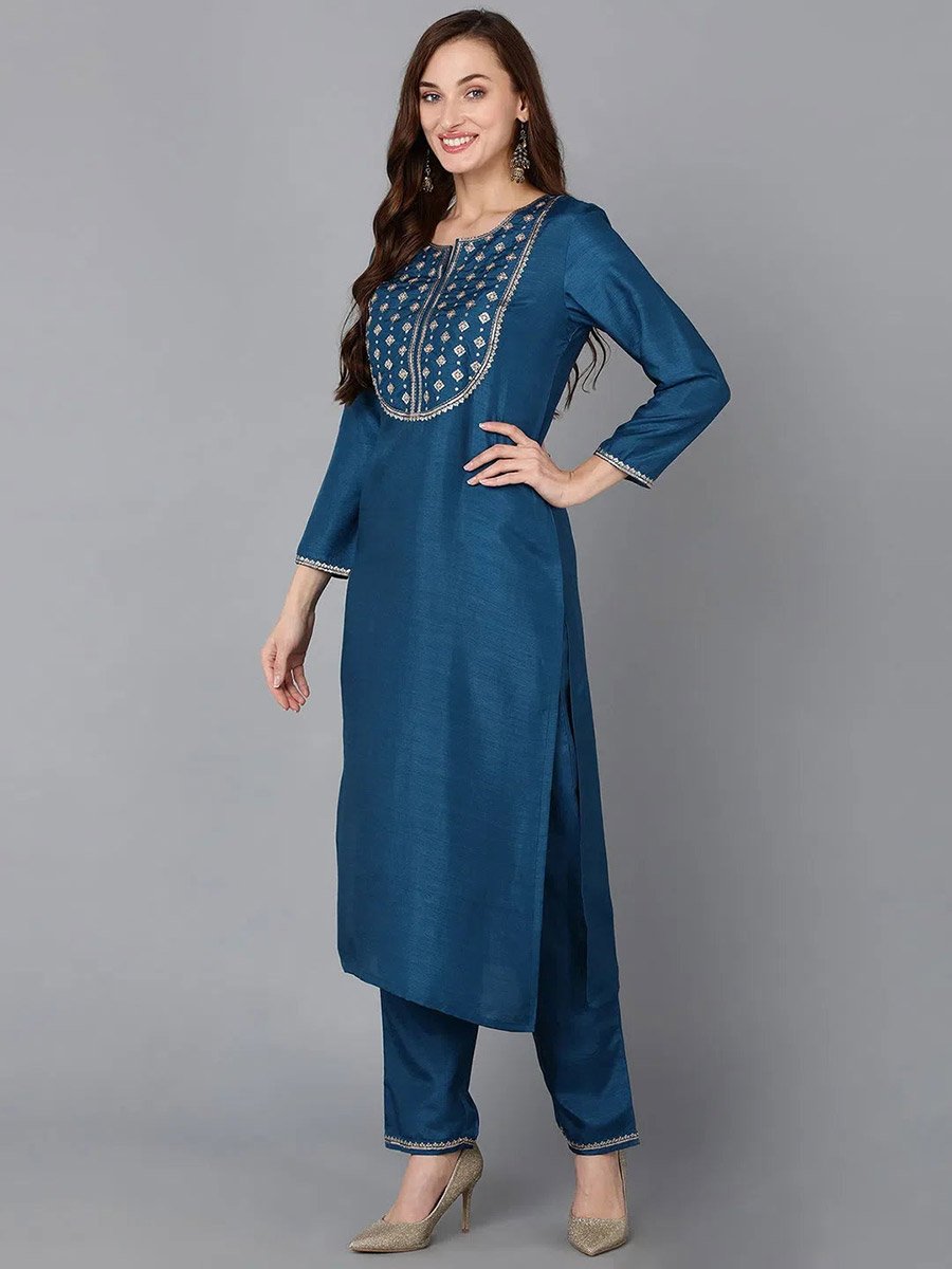 Blue Silk Blend Embroidered Kurta with Trouser and Dupatta Set