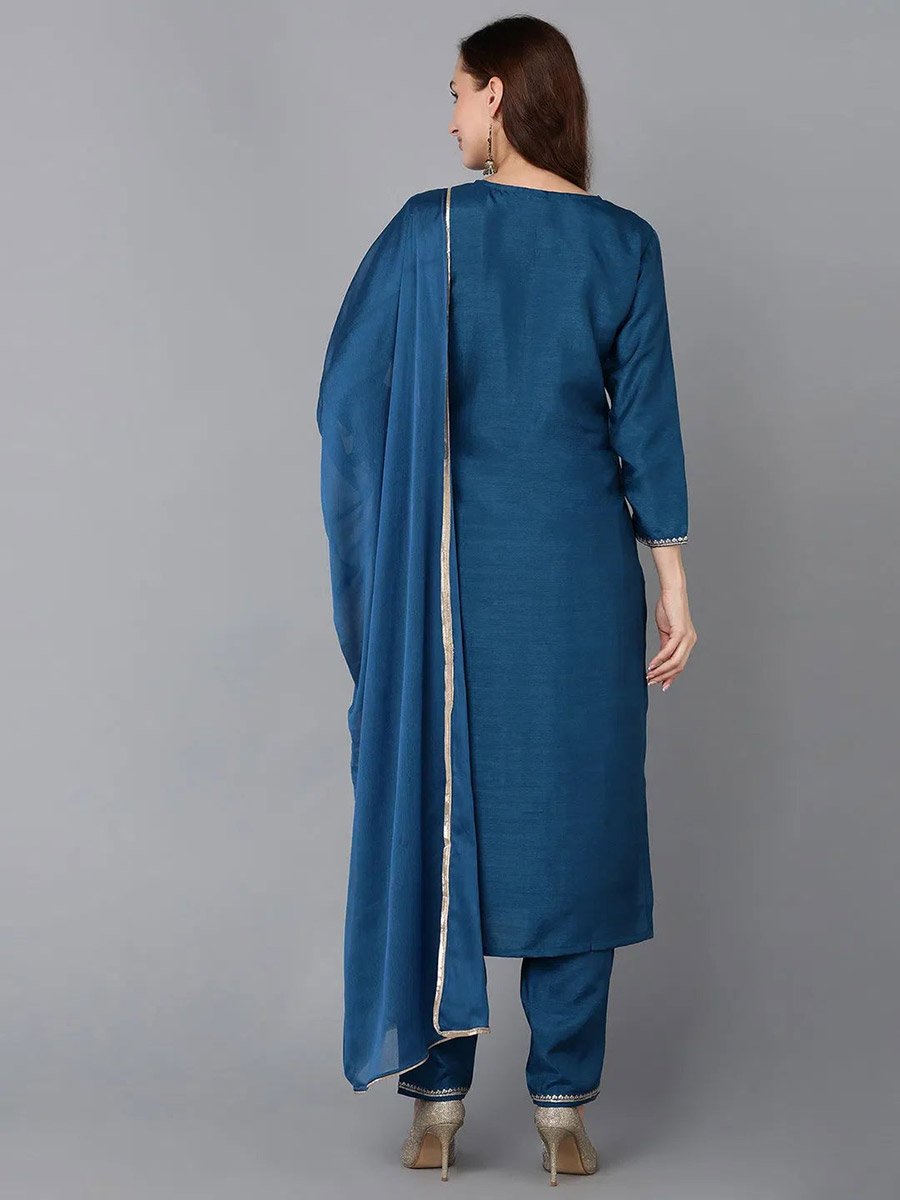 Blue Silk Blend Embroidered Kurta with Trouser and Dupatta Set