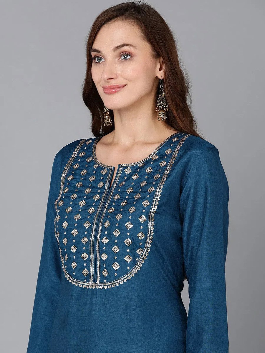 Blue Silk Blend Embroidered Kurta with Trouser and Dupatta Set