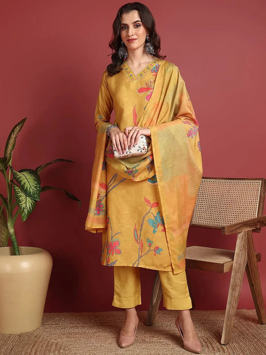 Yellow Floral Print Kurta with Salwar and Dupatta Set