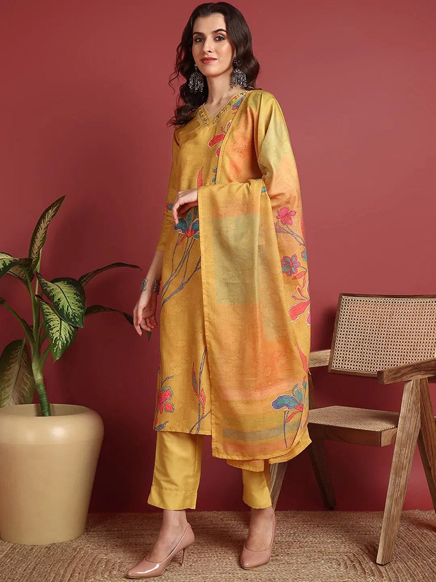 Yellow Floral Print Kurta with Salwar and Dupatta Set