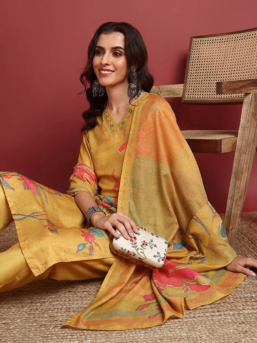 Yellow Floral Print Kurta with Salwar and Dupatta Set