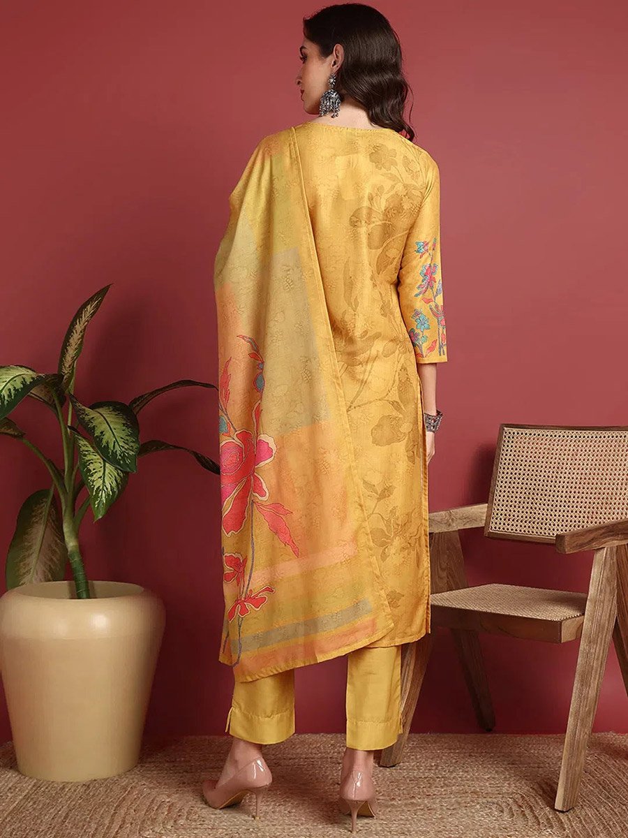 Yellow Floral Print Kurta with Salwar and Dupatta Set