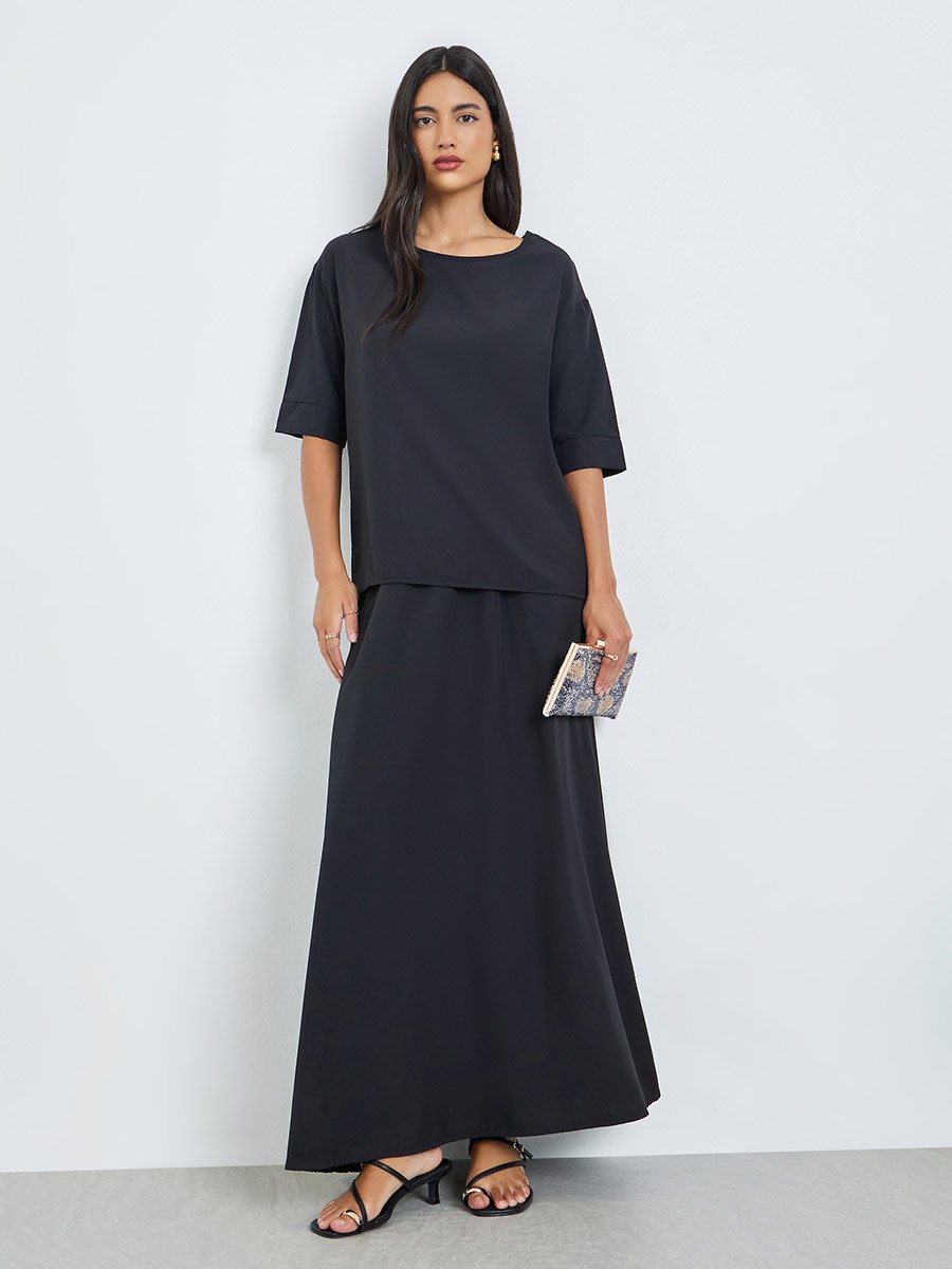 Black Solid Top and Maxi Skirt Co-ords