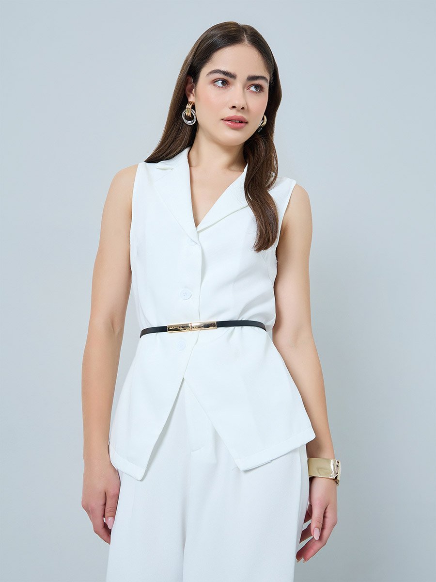 White Belted Waistcoat Vest Top and Wide-leg Pants Co-Ords