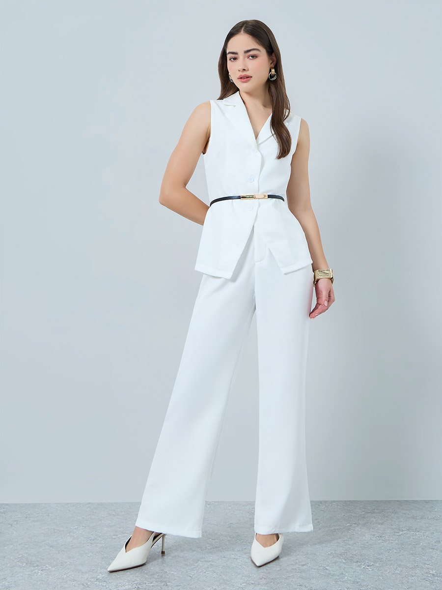 White Belted Waistcoat Vest Top and Wide-leg Pants Co-Ords