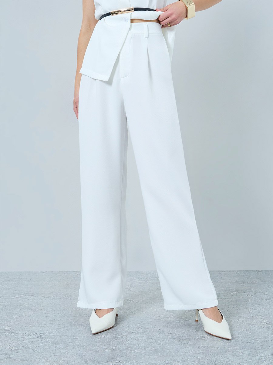 White Belted Waistcoat Vest Top and Wide-leg Pants Co-Ords