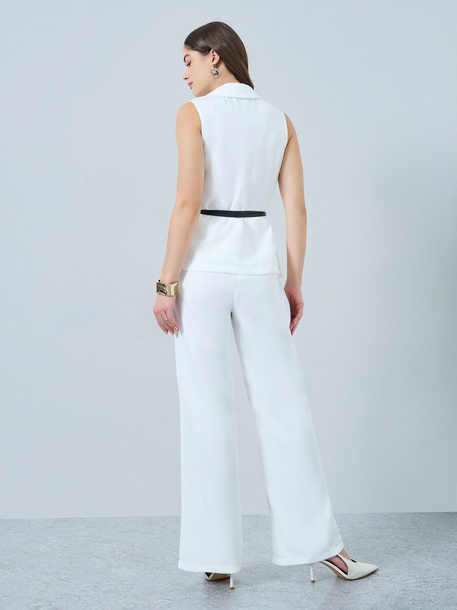 White Belted Waistcoat Vest Top and Wide-leg Pants Co-Ords
