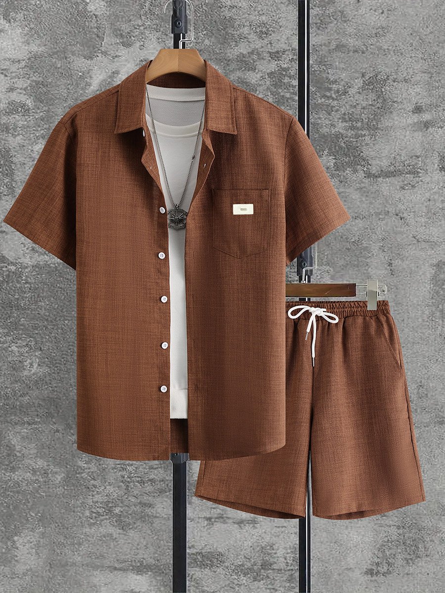 Men Brown Textured Short Sleeve Button Front Shirt and Shorts Co-Ords