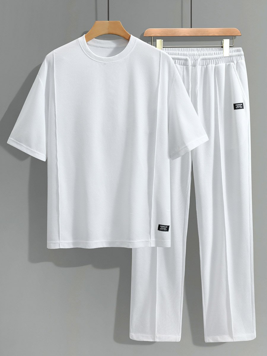 Men White Textured Short Sleeve T-Shirt and Pants Co-Ords