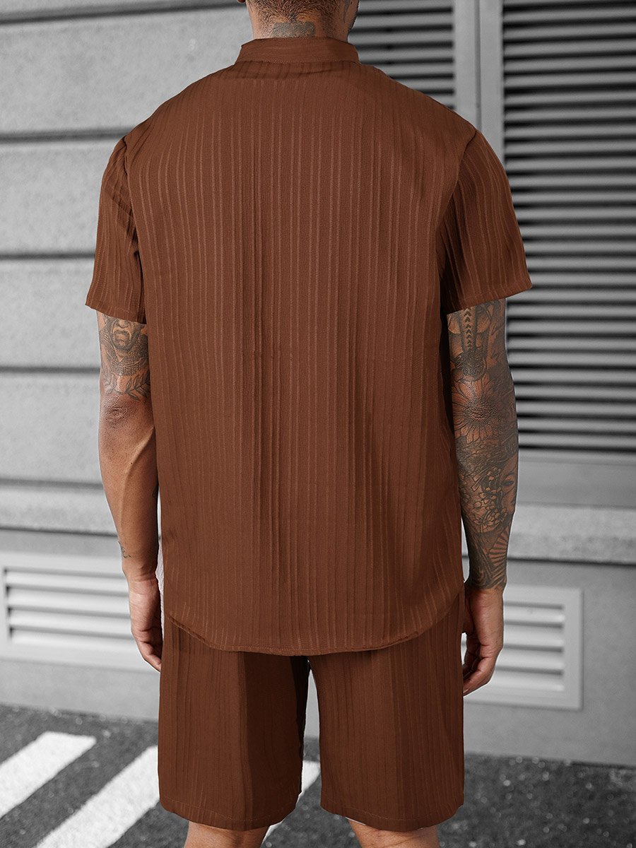 Men Brown Textured Stand Collar Short Sleeve Polo T-Shirt and Shorts Co-Ords