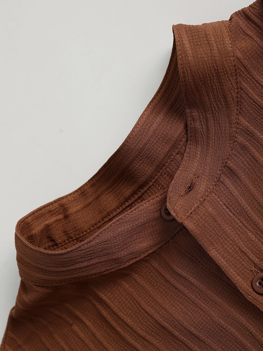 Men Brown Textured Stand Collar Short Sleeve Polo T-Shirt and Shorts Co-Ords