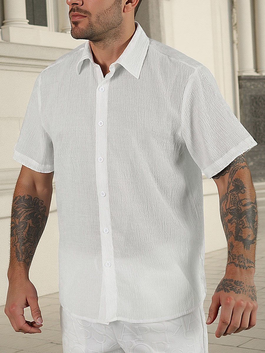 Men White Textured Short Sleeve Shirt