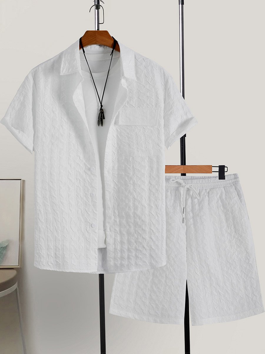 Men White Textured Short Sleeve Button Front Shirt and Shorts Co-Ords