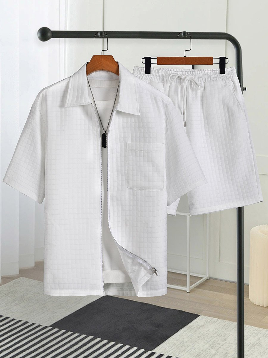 Men White Textured Short Sleeve Zip Front Shirt and Shorts Co-Ords