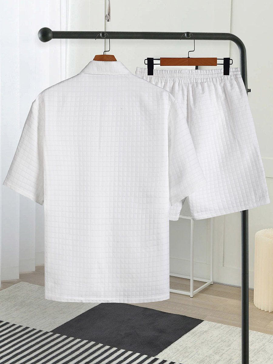 Men White Textured Short Sleeve Zip Front Shirt and Shorts Co-Ords