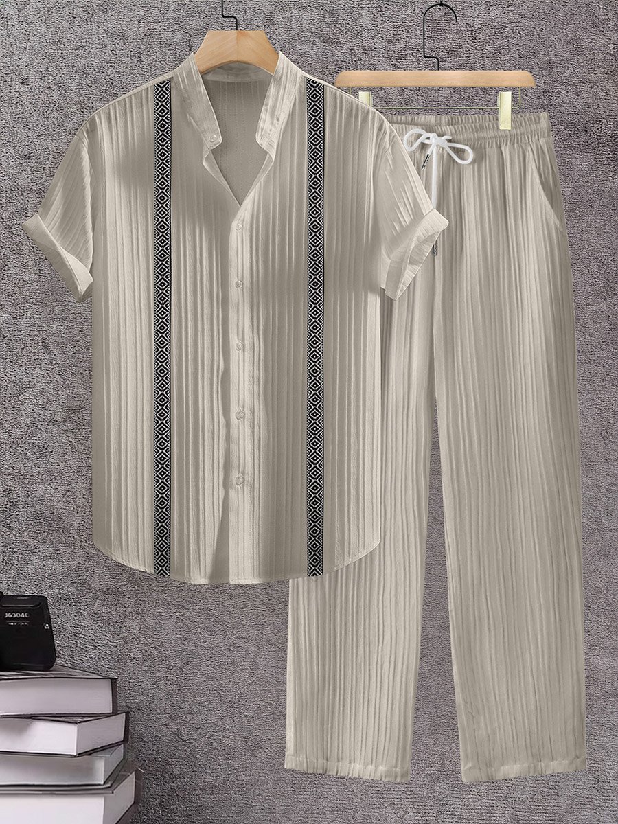 Men Beige Jacquard Stand Collar Short Sleeve Button Front Shirt and Pants Co-Ords