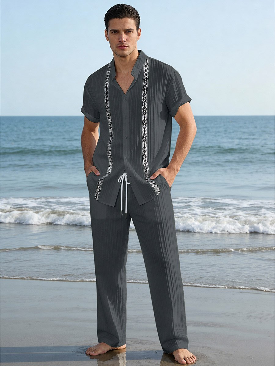 Men Grey Jacquard Stand Collar Short Sleeve Button Front Shirt and Pants Co-Ords