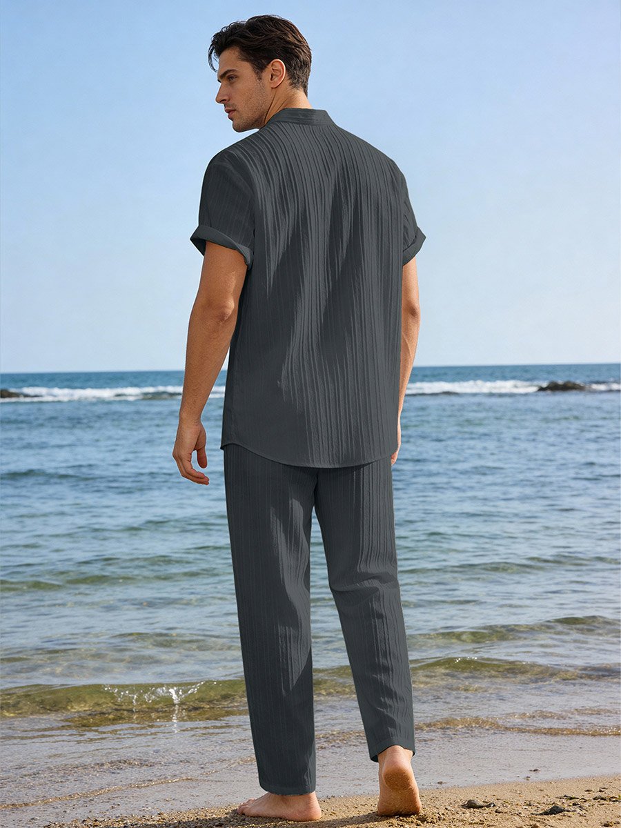 Men Grey Jacquard Stand Collar Short Sleeve Button Front Shirt and Pants Co-Ords