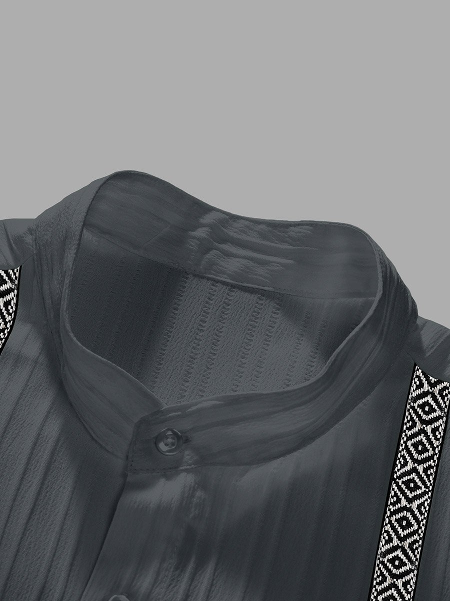 Men Grey Jacquard Stand Collar Short Sleeve Button Front Shirt and Pants Co-Ords