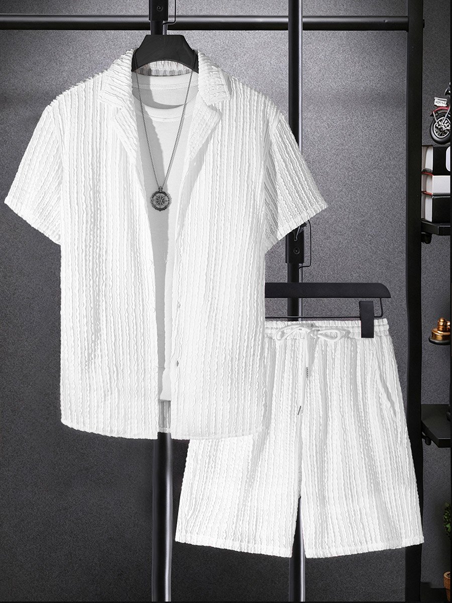 Men White Textured Short Sleeve Button Front Shirt and Shorts Co-Ords