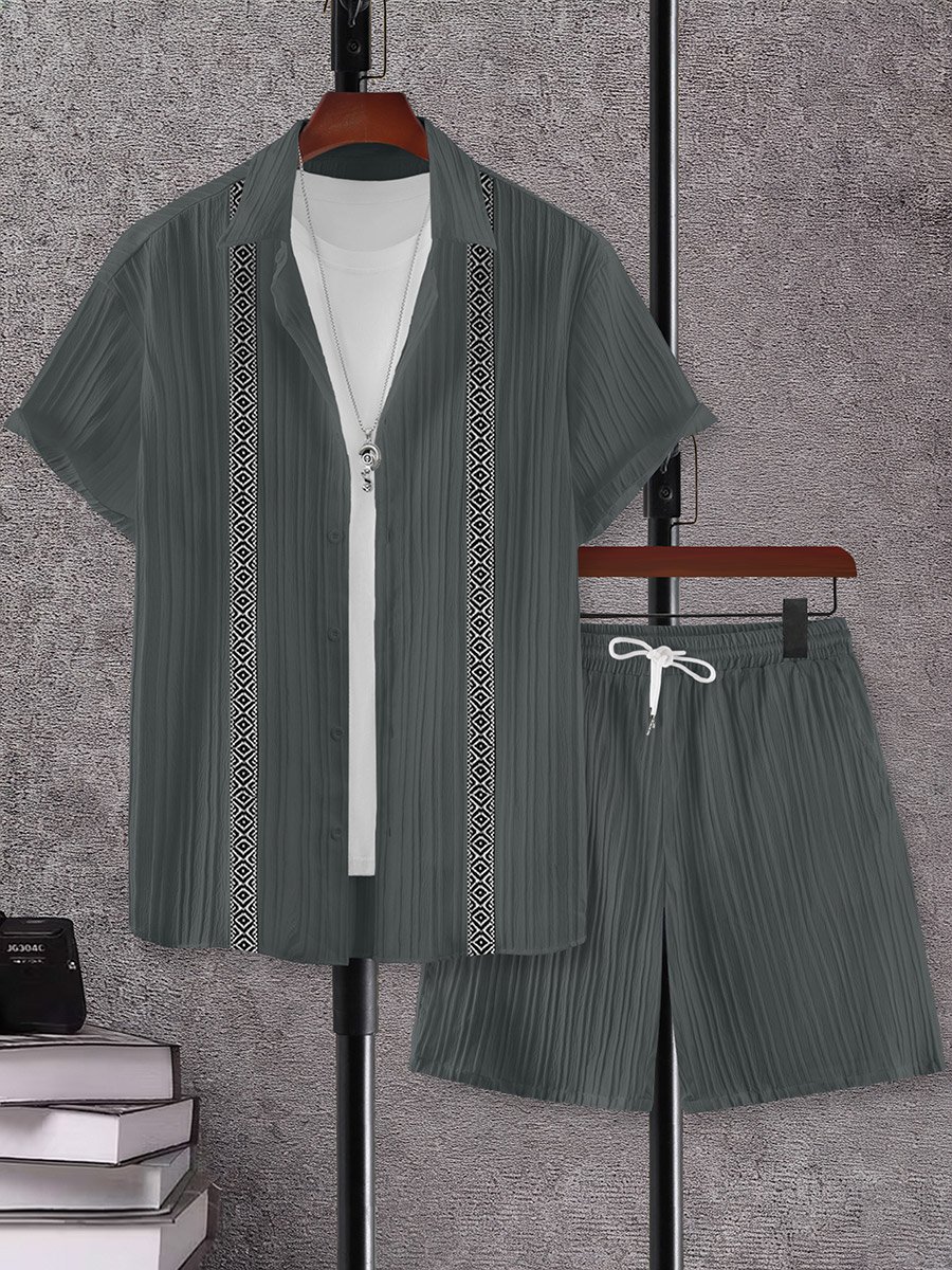 Men Charcoal Jacquard Detail Short Sleeve Button Front Shirt and Shorts Co-Ords