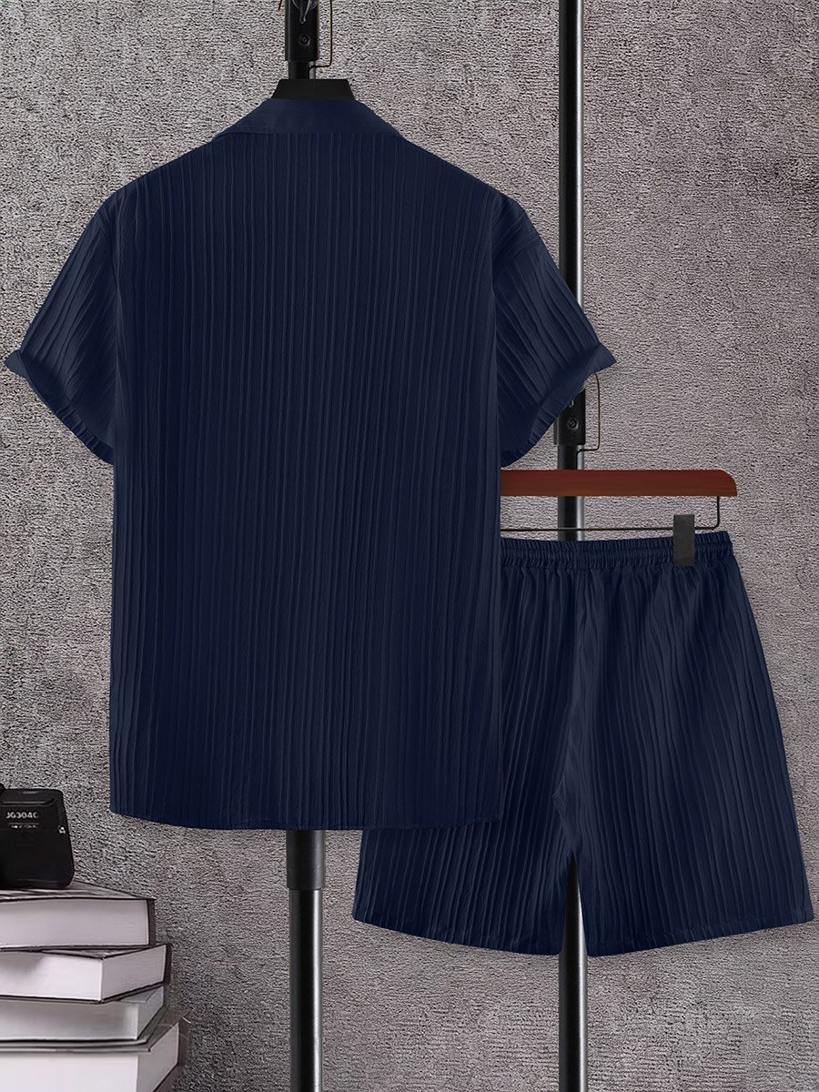 Men Navy Blue Jacquard Detail Short Sleeve Button Front Shirt and Shorts Co-Ords