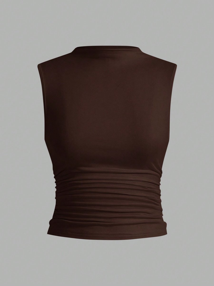 Coffee Brown Sleeveless Peplum Top with High Neck