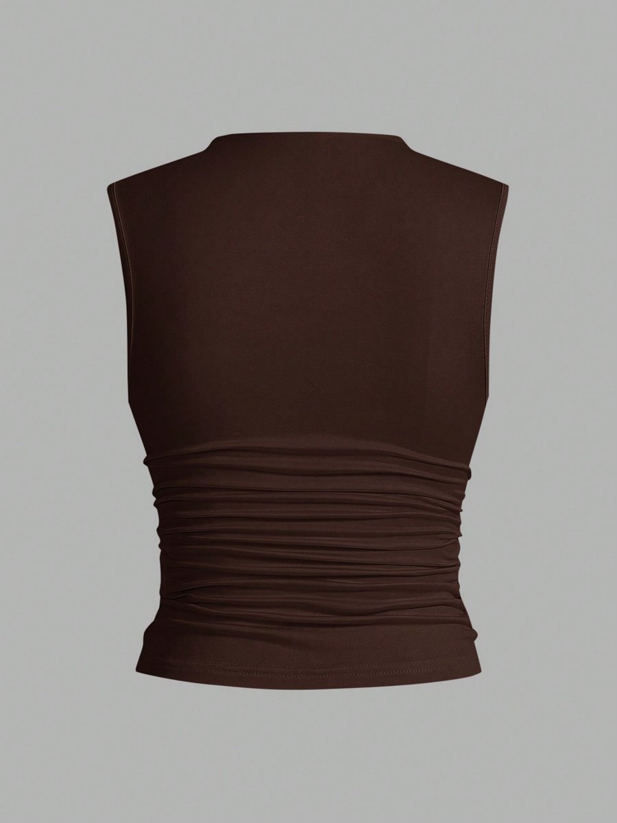 Coffee Brown Sleeveless Peplum Top with High Neck