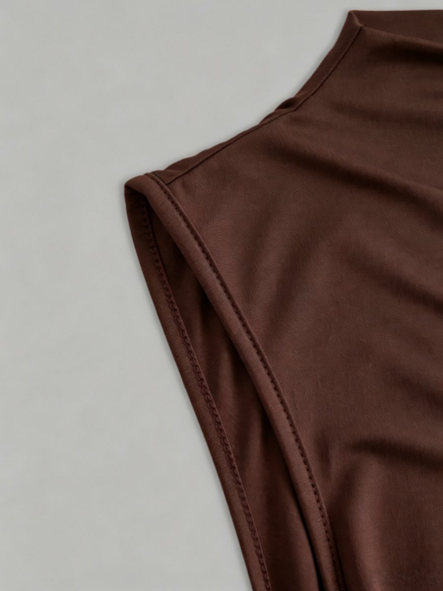 Coffee Brown Sleeveless Peplum Top with High Neck