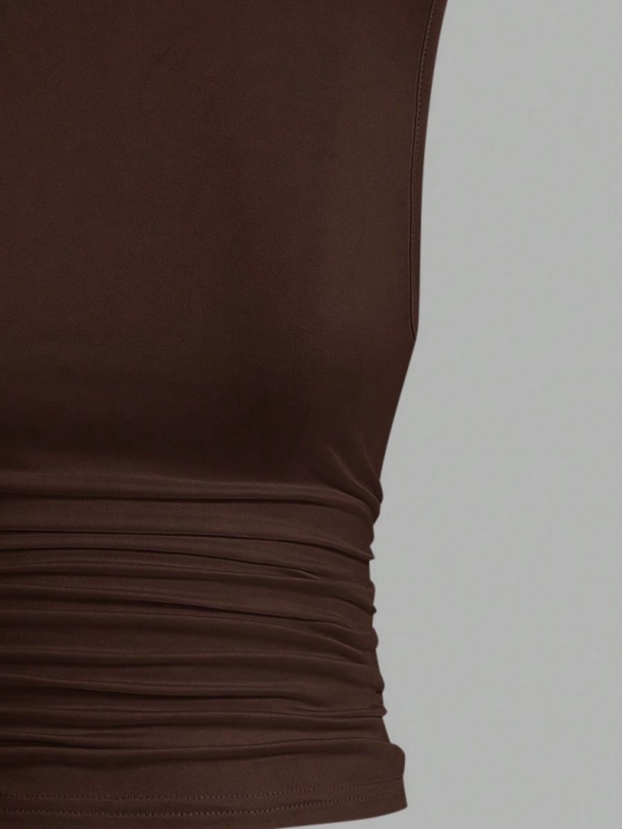 Coffee Brown Sleeveless Peplum Top with High Neck