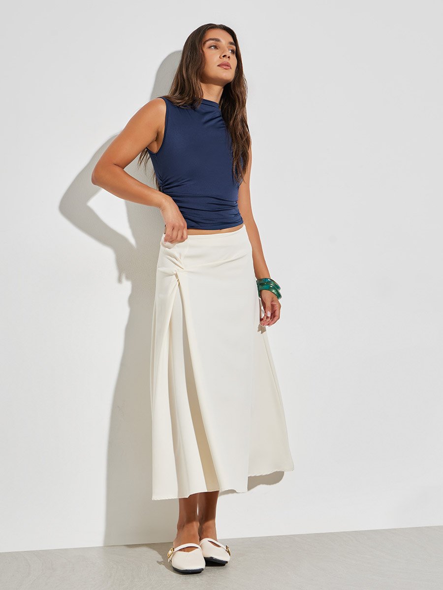 Navy Blue Solid High Neck Ruched Top