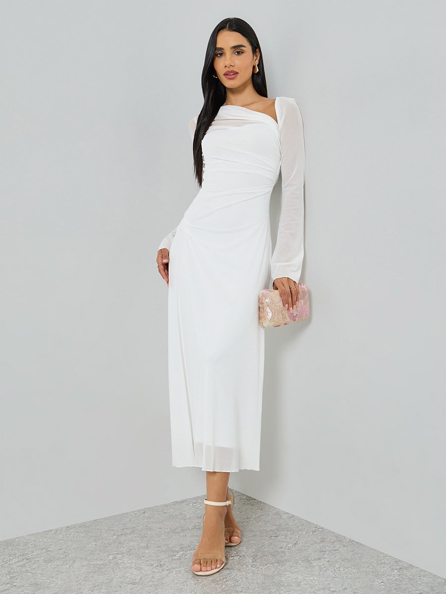 White Asymmetric Neck Long Sleeve Maxi Dress