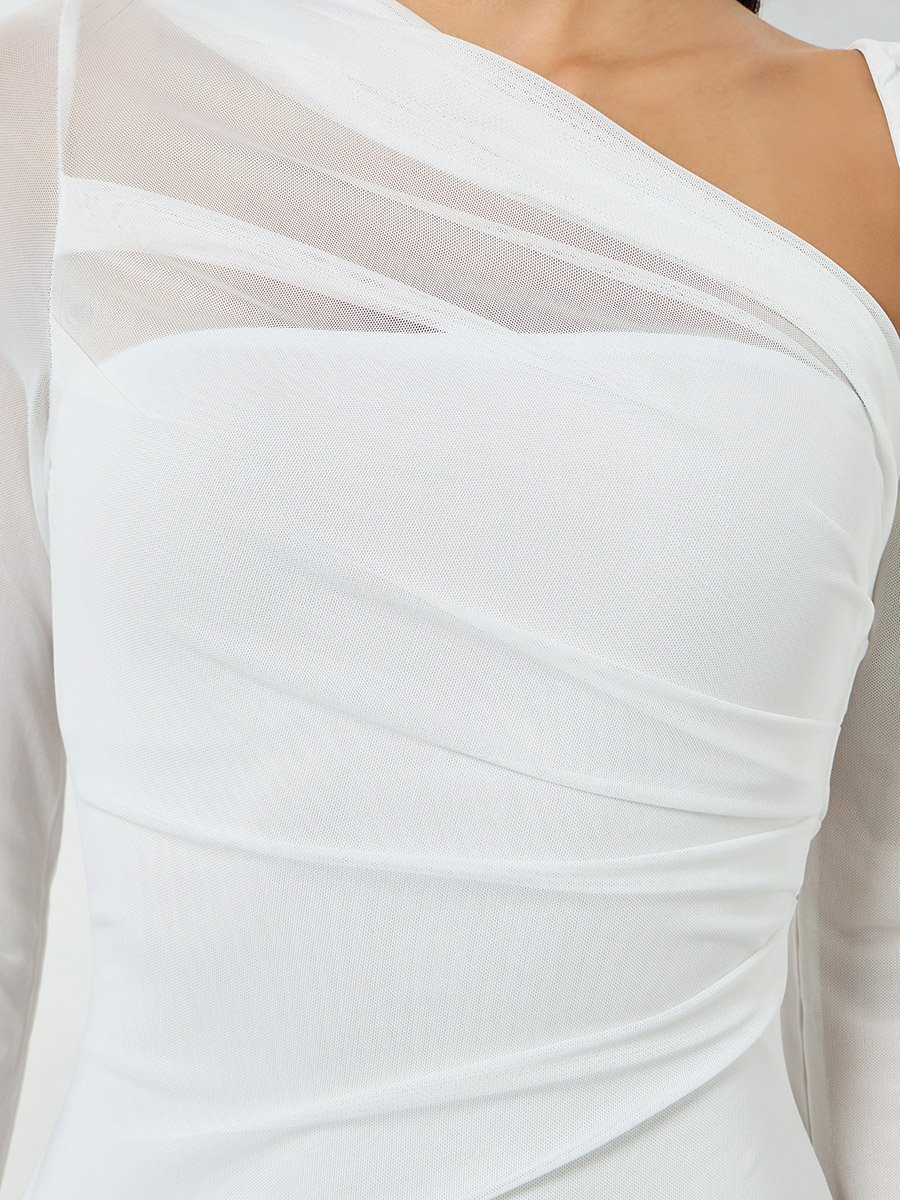 White Asymmetric Neck Long Sleeve Maxi Dress