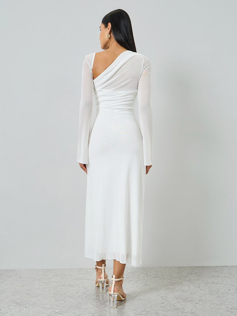 White Asymmetric Neck Long Sleeve Maxi Dress