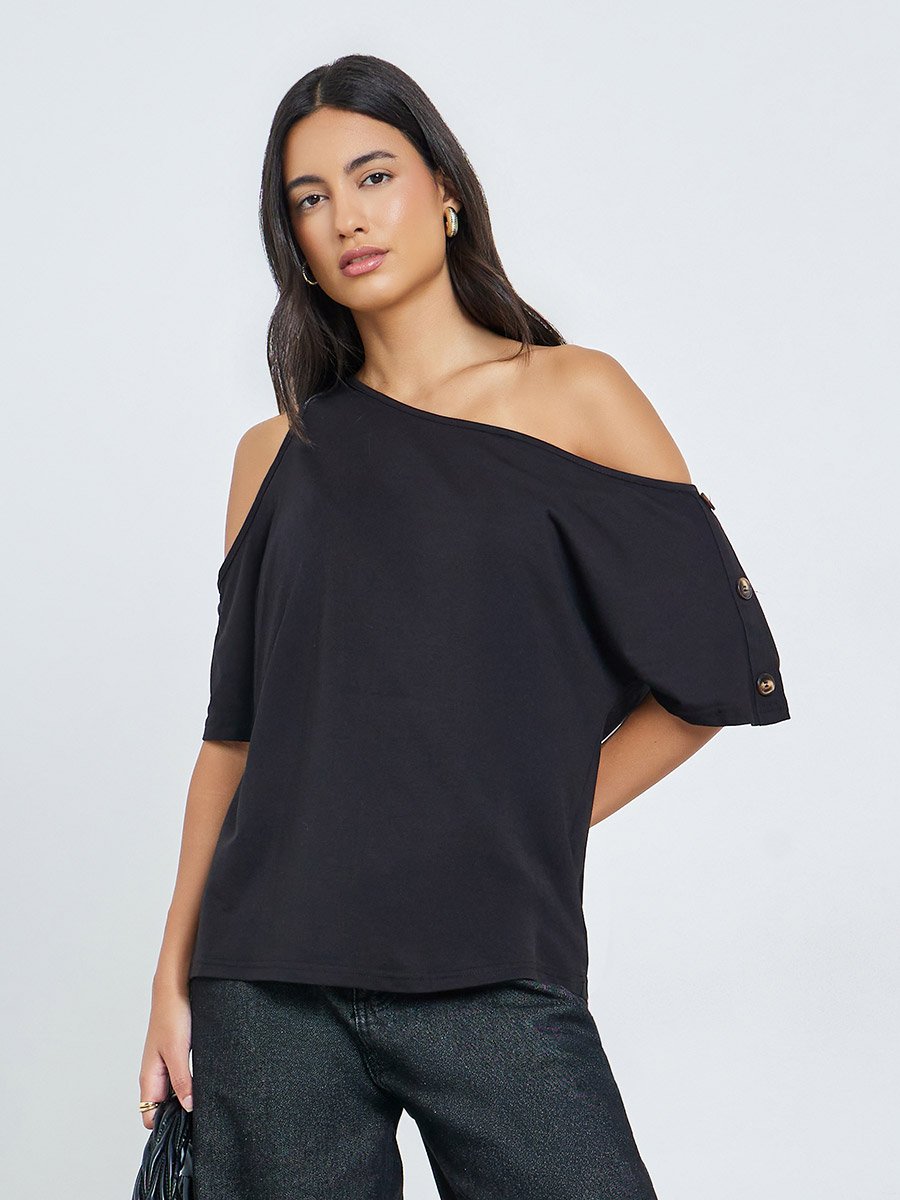 Black One Shoulder Short Sleeve Top