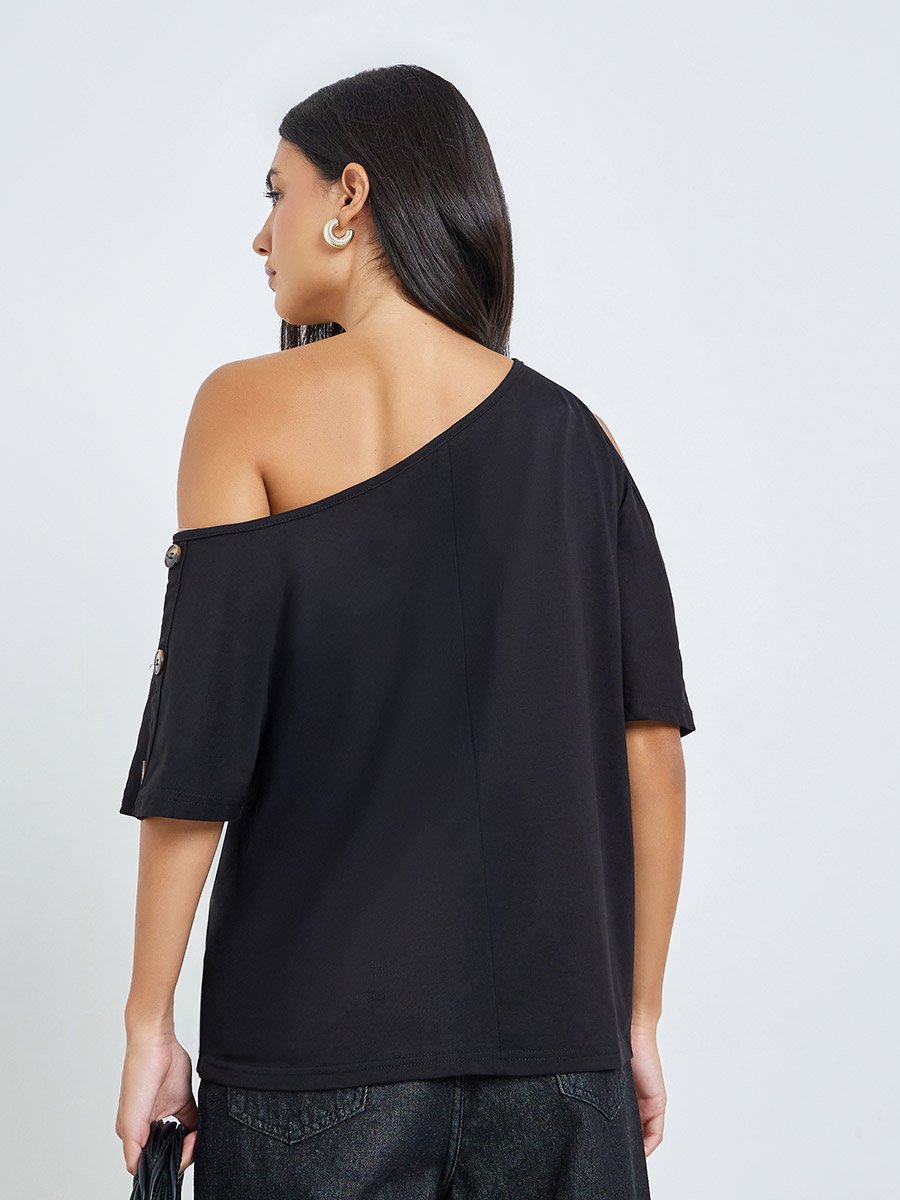 Black One Shoulder Short Sleeve Top