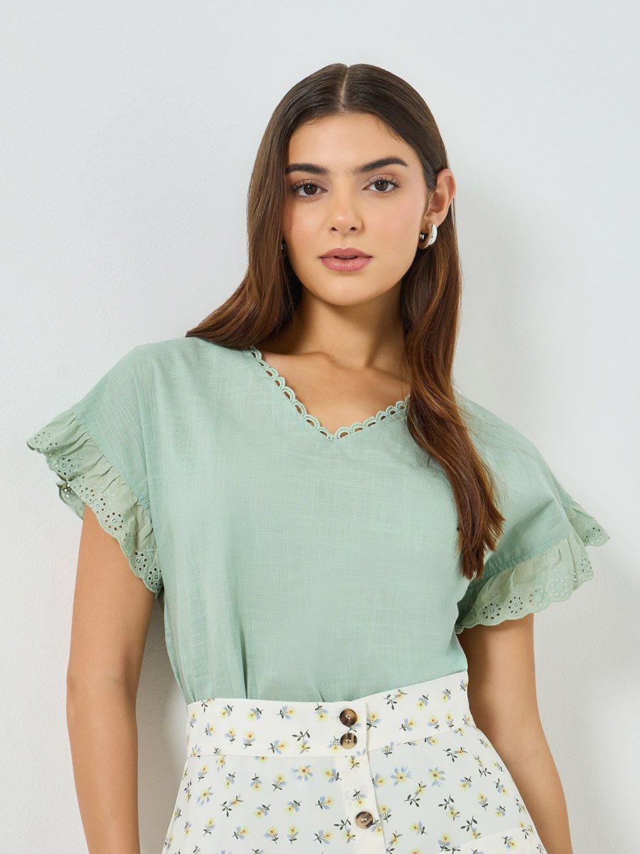 Green Solid Cotton Frill Sleeve Top