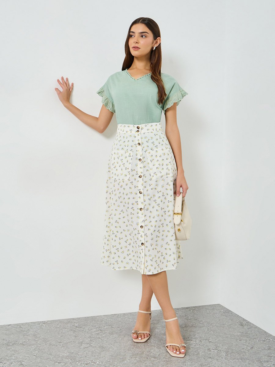 Green Solid Cotton Frill Sleeve Top