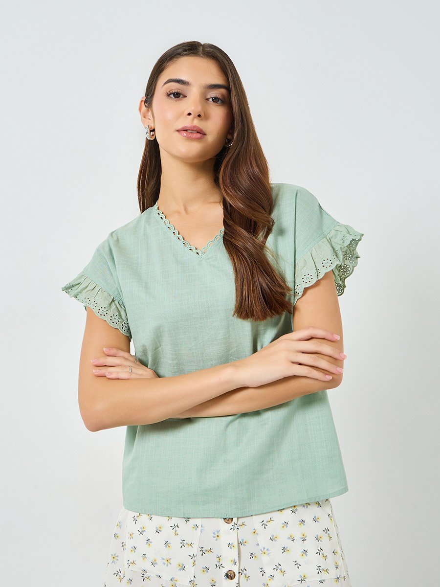 Green Solid Cotton Frill Sleeve Top