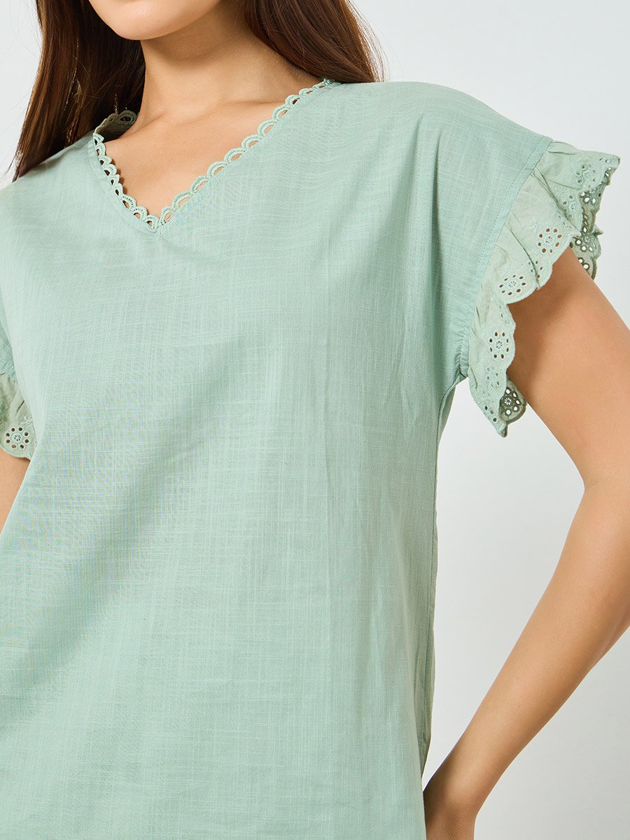 Green Solid Cotton Frill Sleeve Top