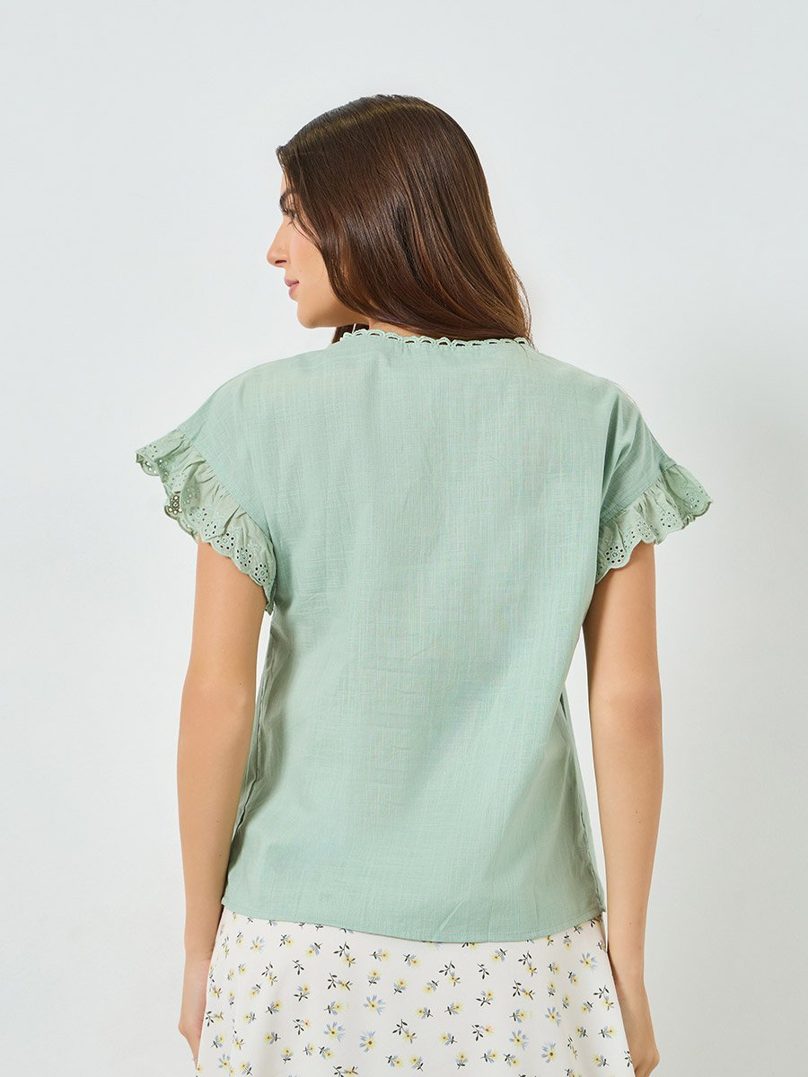 Green Solid Cotton Frill Sleeve Top