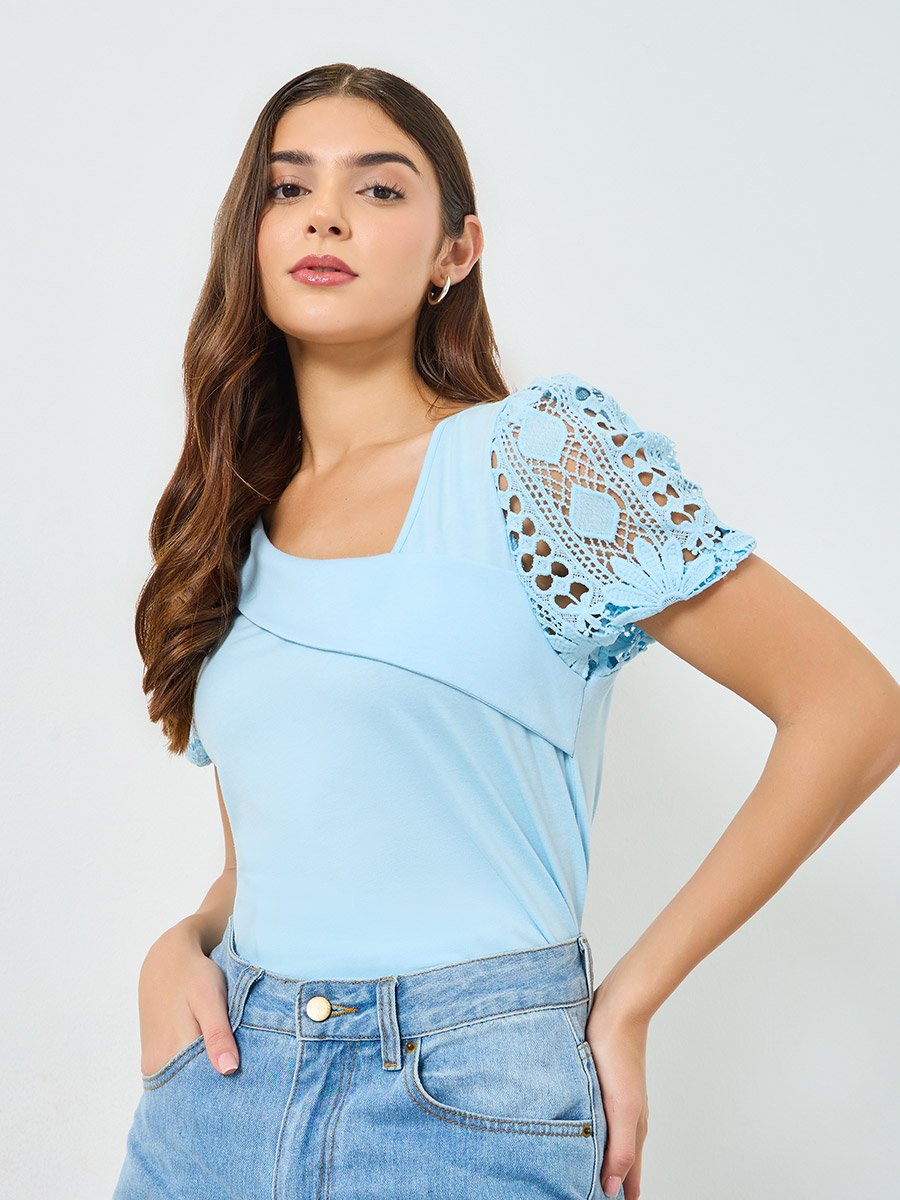 Blue Solid Asymmetric Neck Hollow Puff Sleeve Top