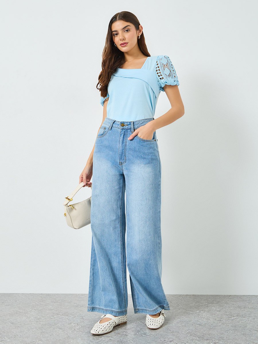 Blue Solid Asymmetric Neck Hollow Puff Sleeve Top