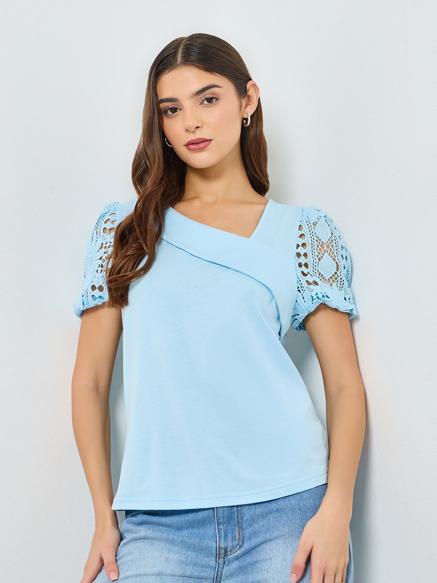 Blue Solid Asymmetric Neck Hollow Puff Sleeve Top